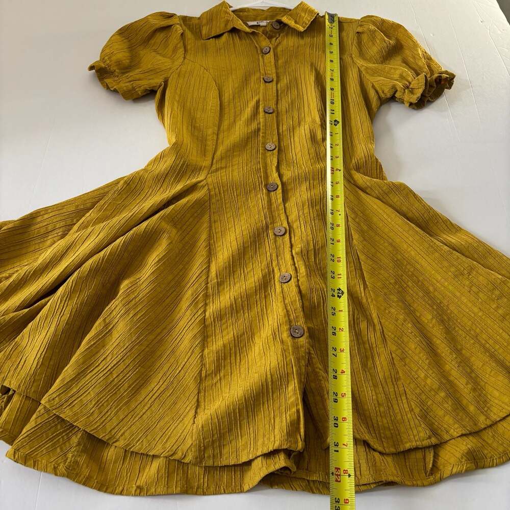 Hint of Blush Mustard Yellow Seersucker Button-Down Fit Flare Mini Dress Small - Picture 6 of 7